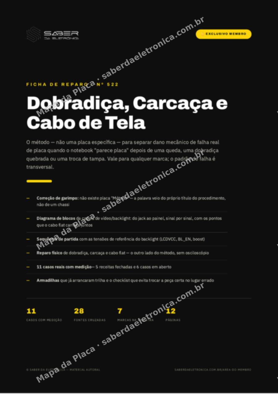 Capa da Ficha de Reparo Nº 522: Método: dobradiça, carcaça e cabo de tela — o que parece placa e é mecânico — Ficha de Reparo da placa