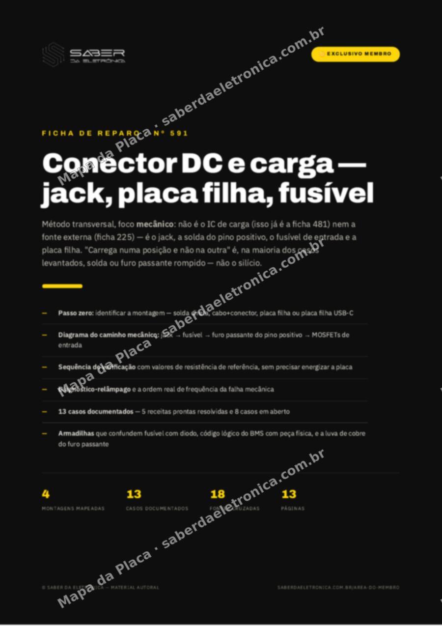 Capa da Ficha de Reparo Nº 591: Método: conector DC e carga — jack, placa filha, fusível e o ‘só carrega em uma posição’ — Ficha de Reparo da placa
