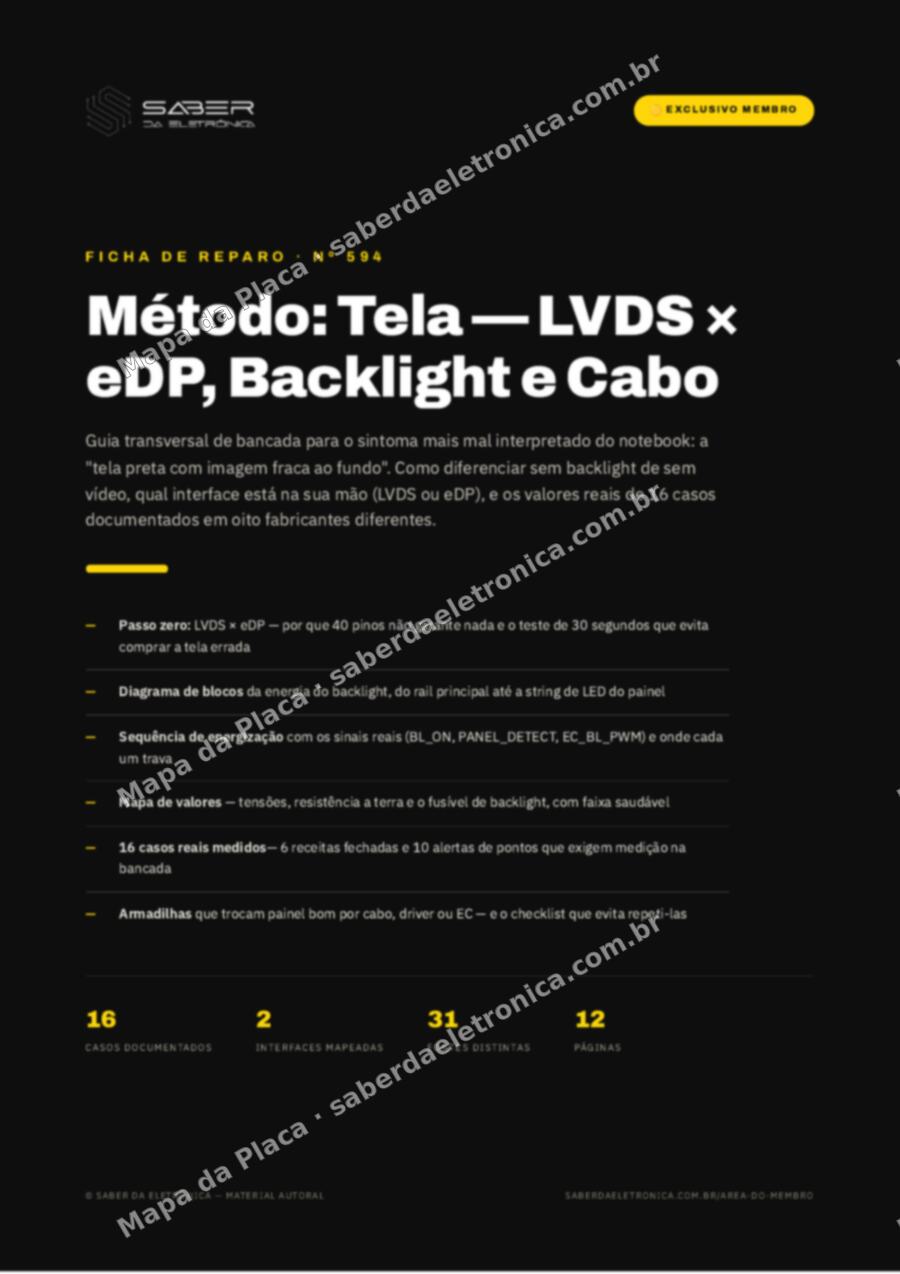 Capa da Ficha de Reparo Nº 594: Método: tela — LVDS × eDP, backlight, inversor, cabo e o ‘tela preta com imagem fraca’ — Ficha de Reparo da placa