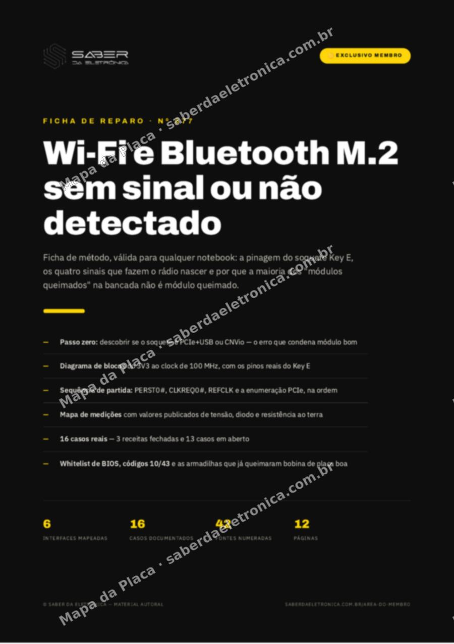 Capa da Ficha de Reparo Nº 677: Notebook — diagnóstico de Wi-Fi/Bluetooth integrado (módulo M.2) sem sinal ou não detectado (método) — Ficha de Reparo da placa