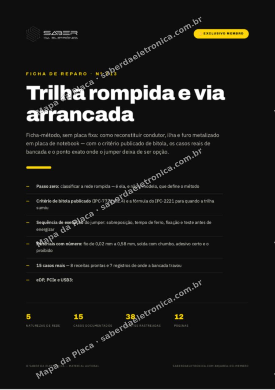Capa da Ficha de Reparo Nº 713: Trilha rompida e via arrancada em placa de notebook — reconstituição e jumper (método) — Ficha de Reparo da placa