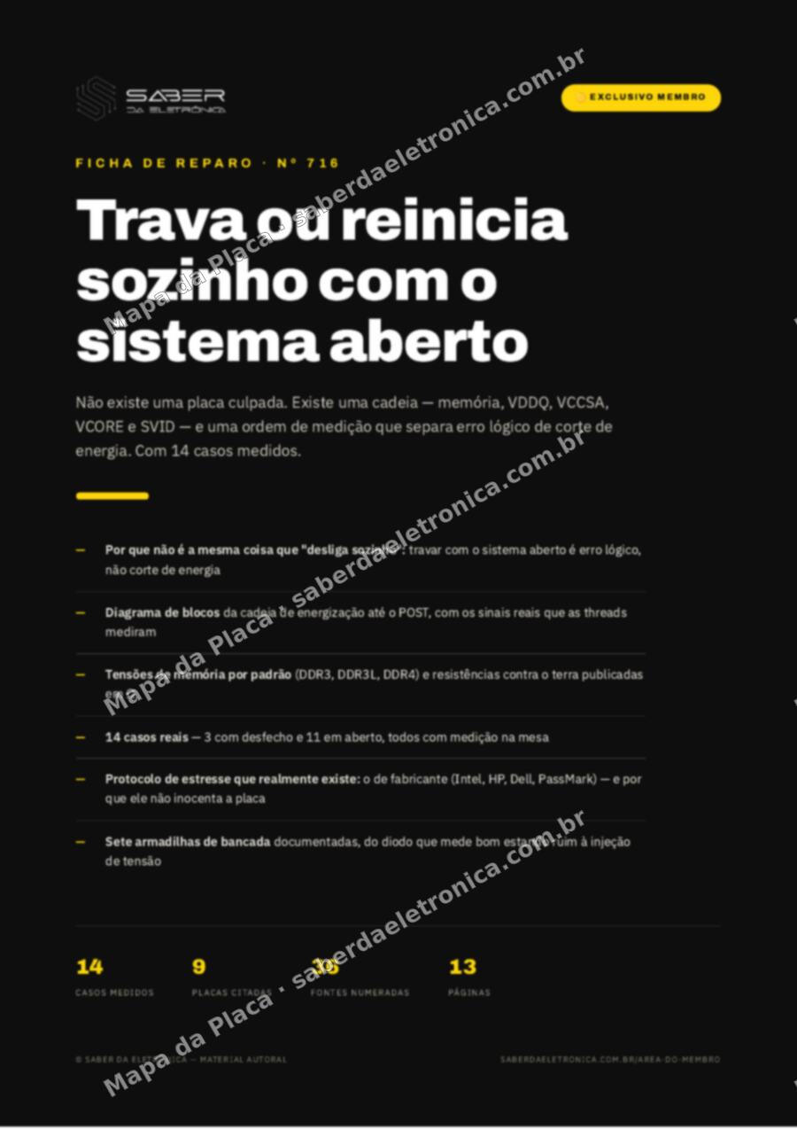 Capa da Ficha de Reparo Nº 716: Notebook que trava ou reinicia sozinho com o sistema aberto — memória, VRM e teste de estresse na bancada (método) — Ficha de Reparo da placa