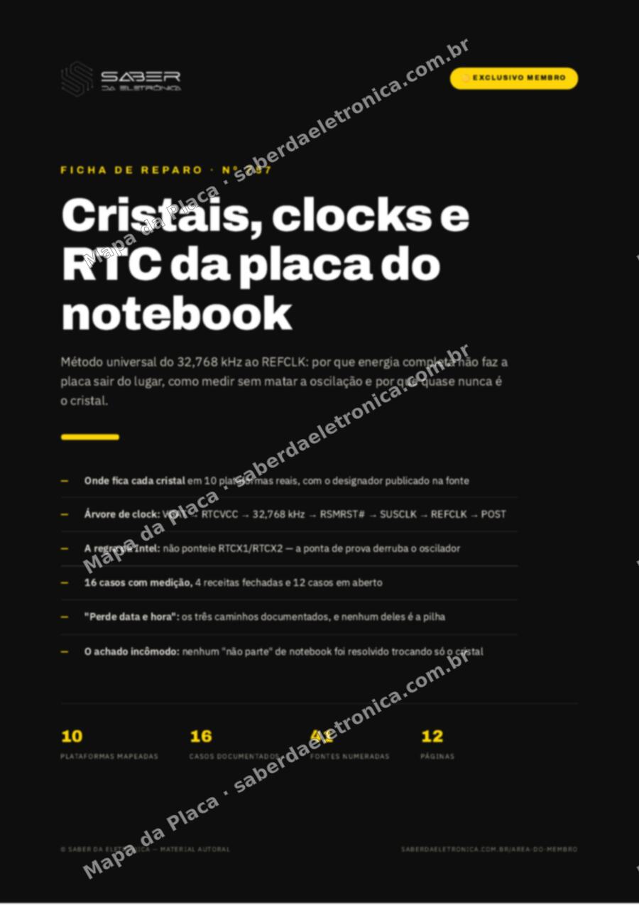 Capa da Ficha de Reparo Nº 757: Cristais, clocks e RTC da placa do notebook — 32,768 kHz, 25 MHz e o ‘não parte’ (método) — Ficha de Reparo da placa