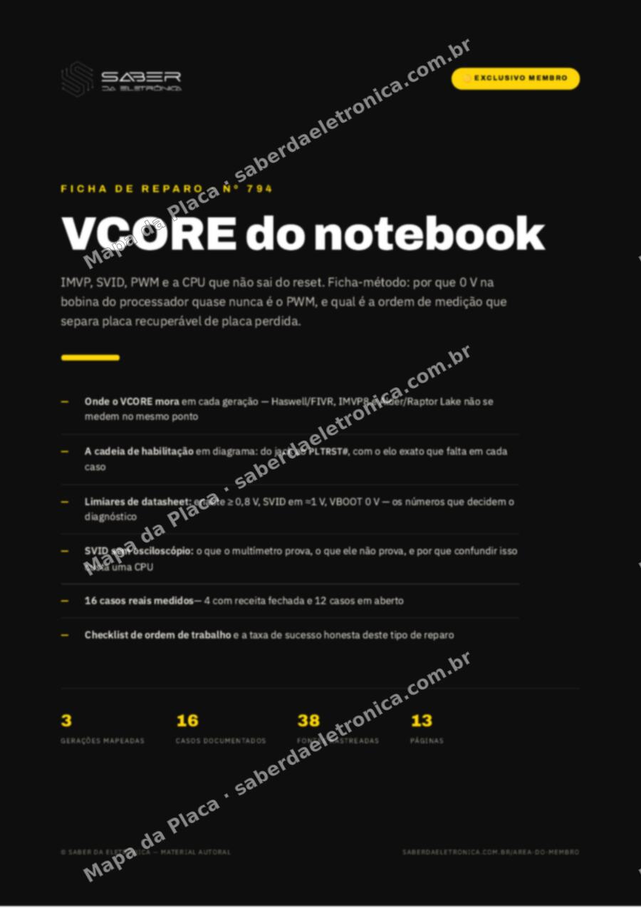 Capa da Ficha de Reparo Nº 794: VCORE do notebook — IMVP, SVID, PWM e a CPU que não sai do reset (método) — Ficha de Reparo da placa