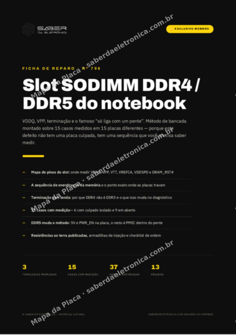 Capa da Ficha de Reparo Nº 796: Slot SODIMM DDR4 / DDR5 do notebook — VDDQ, VPP, terminação e o “só liga com um pente” (método) — Ficha de Reparo da placa