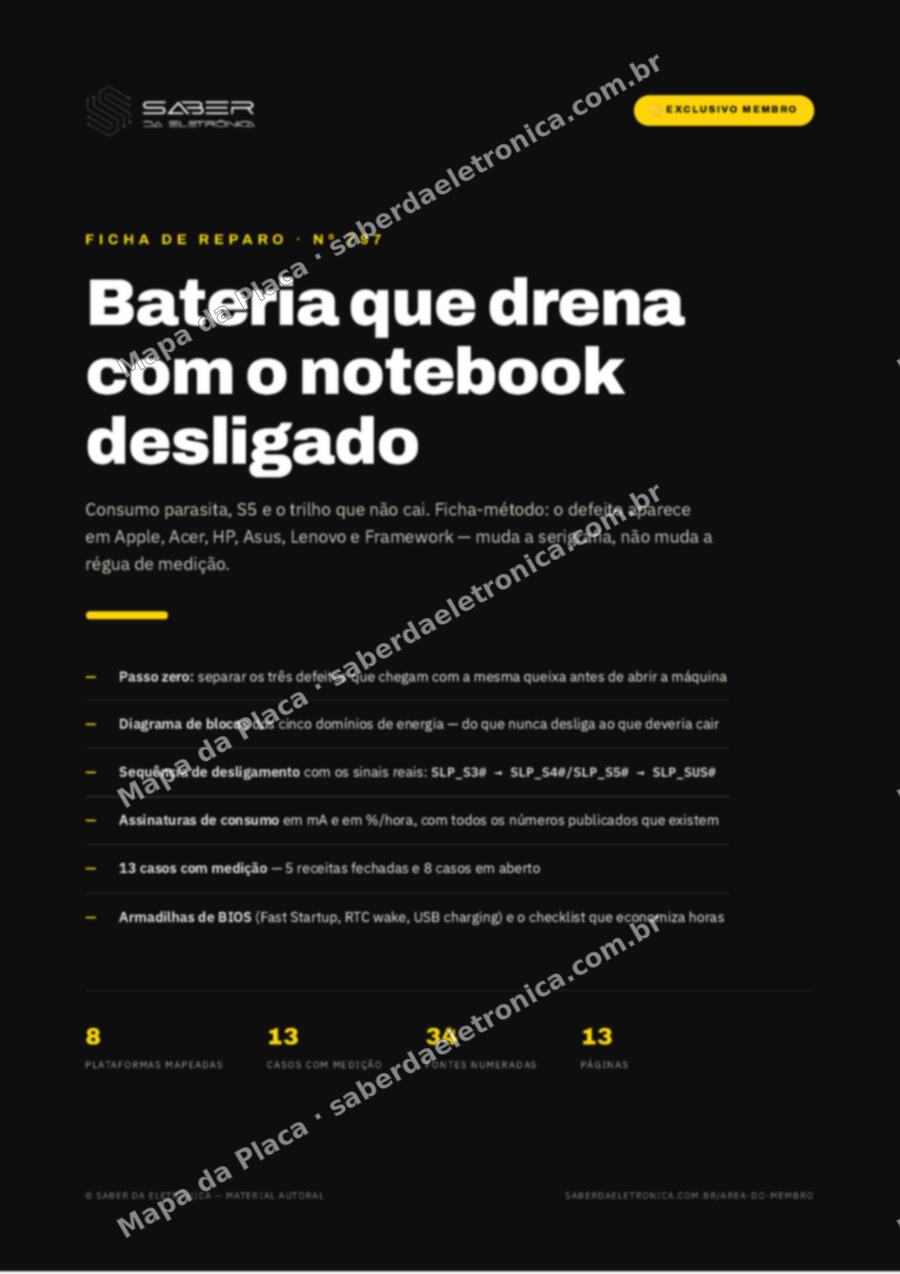 Capa da Ficha de Reparo Nº 797: Notebook que drena a bateria desligado — consumo parasita, S5 e o trilho que não cai (método) — Ficha de Reparo da placa