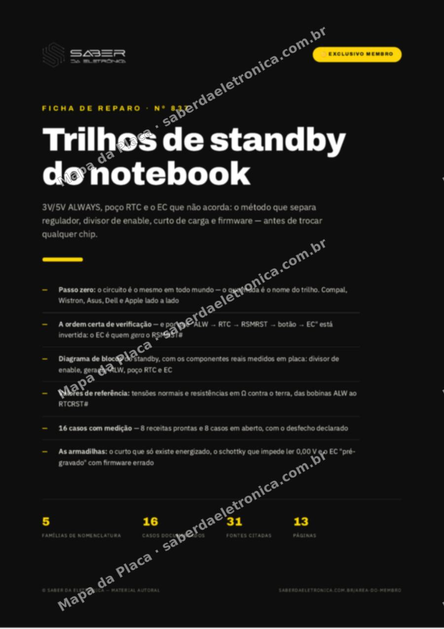 Capa da Ficha de Reparo Nº 837: Trilhos de standby do notebook — 3V/5V ALWAYS, RTC e o EC que não acorda (método) — Ficha de Reparo da placa