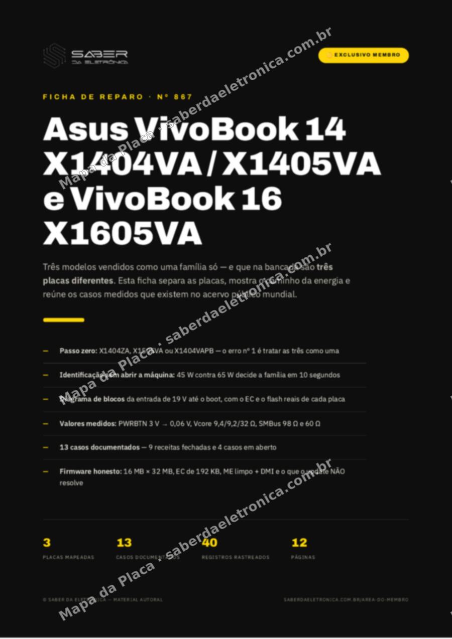 Capa da Ficha de Reparo Nº 867: Asus VivoBook 14 X1404VA / X1405VA e VivoBook 16 X1605VA (Intel 13ª, 2023-24) — Ficha de Reparo da placa