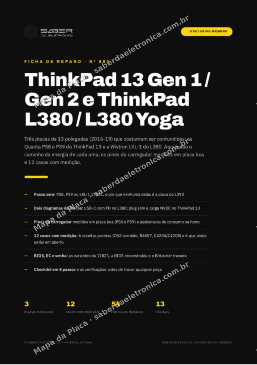 Capa da Ficha de Reparo Nº 883: Lenovo ThinkPad 13 Gen 1 / Gen 2 e ThinkPad L380 / L380 Yoga (13 polegadas, 2016-19) — Ficha de Reparo da placa