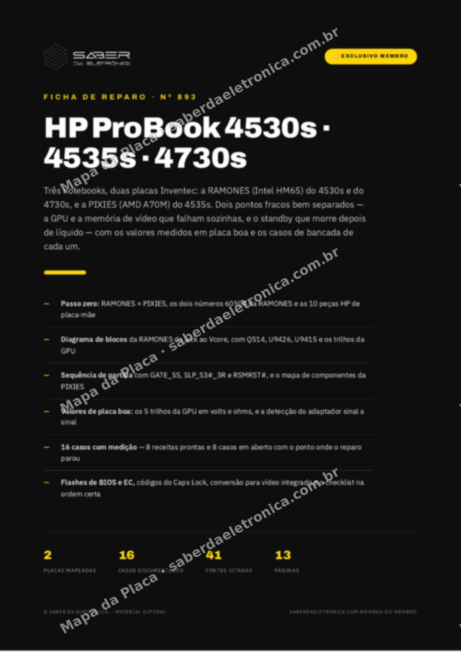 Capa da Ficha de Reparo Nº 893: HP ProBook 4530s / 4535s / 4730s (Inventec RAMONES/PIXIES, 2011-12) — Ficha de Reparo da placa