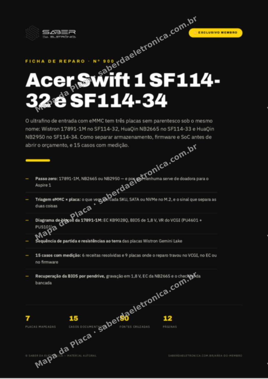 Capa da Ficha de Reparo Nº 900: Acer Swift 1 SF114-32 / SF114-34 (ultrafino de entrada com eMMC) — Ficha de Reparo da placa