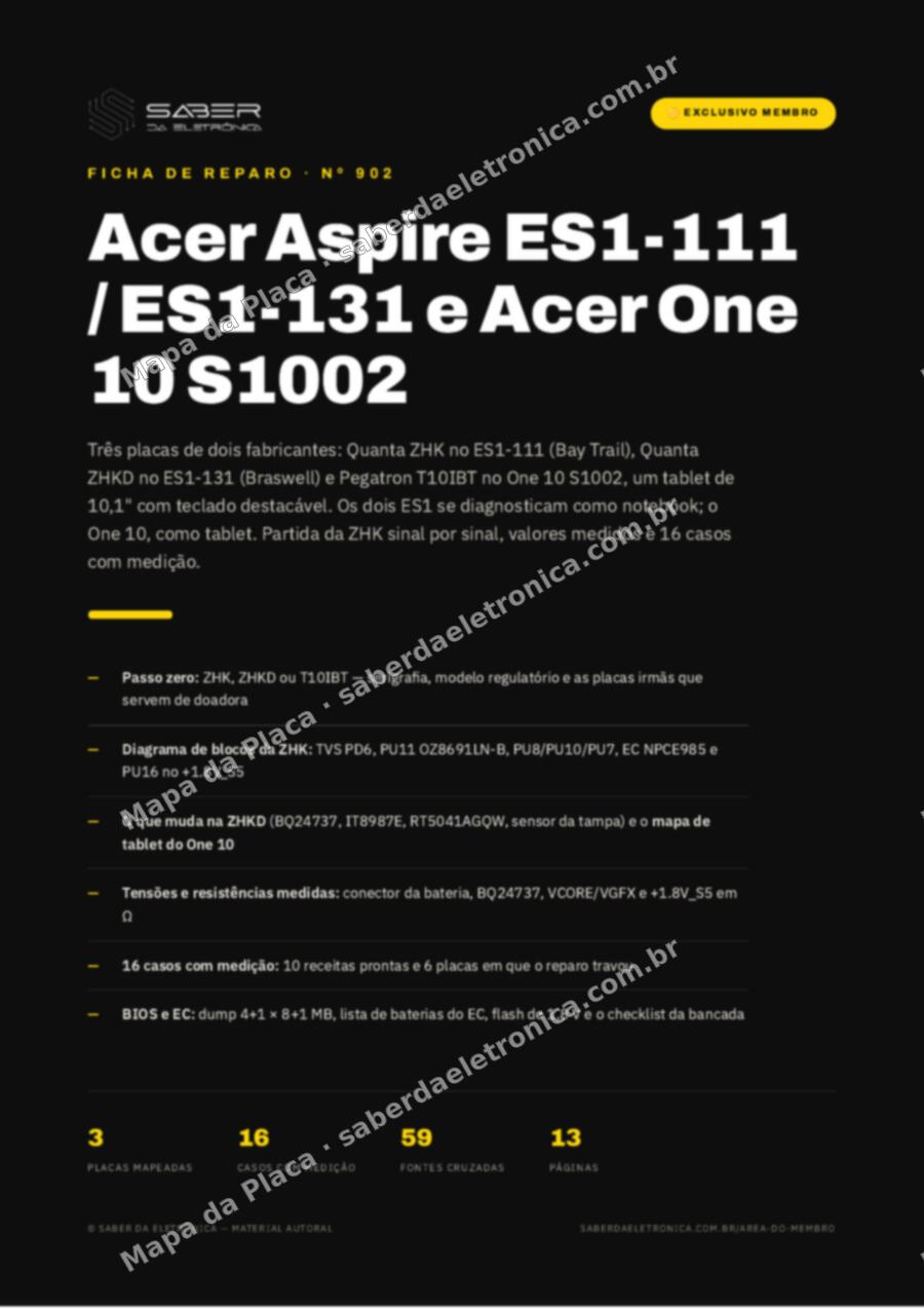 Capa da Ficha de Reparo Nº 902: Acer Aspire ES1-111 / ES1-131 e Acer One 10 S1002 (11,6 polegadas e destacável, 2014-17) — Ficha de Reparo da placa