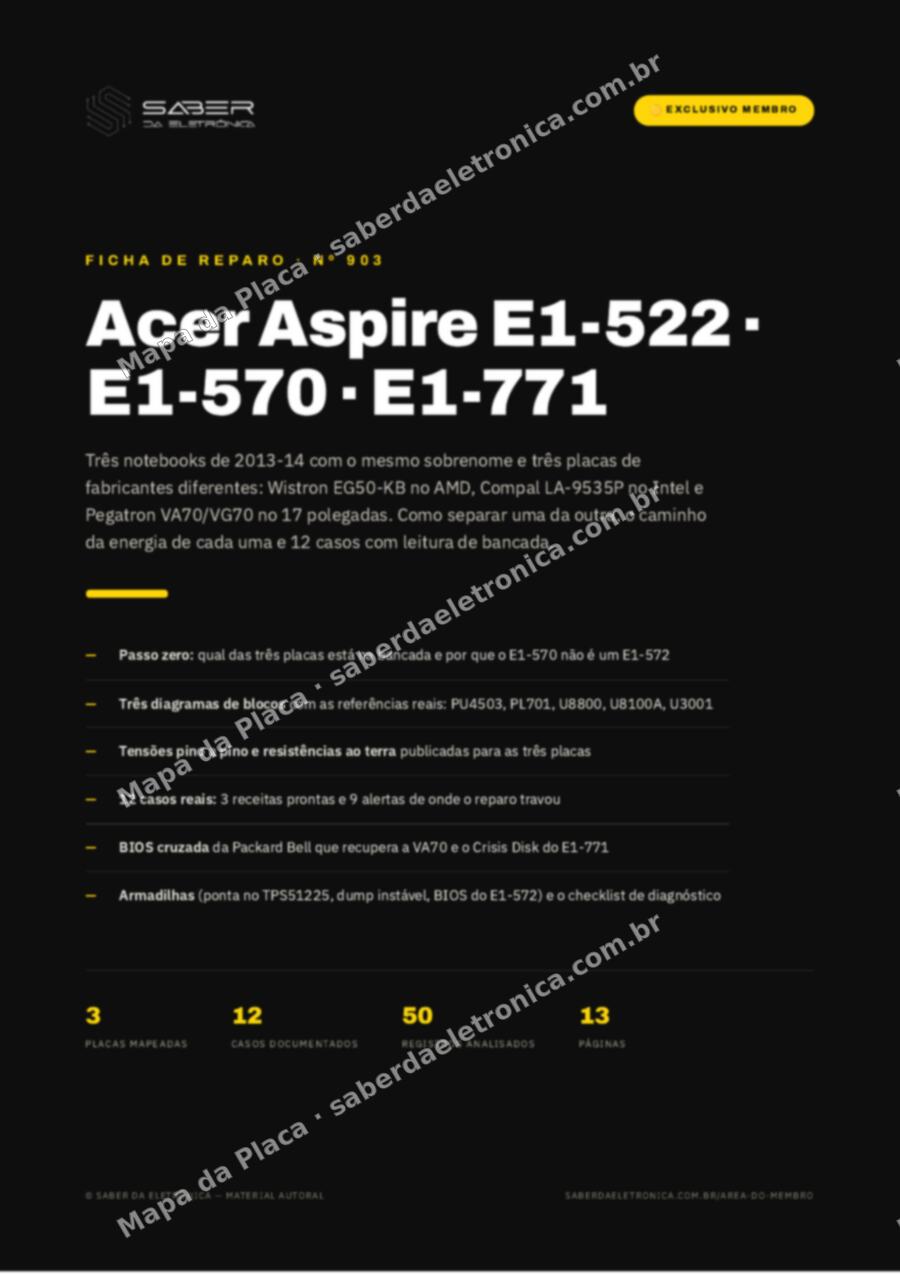 Capa da Ficha de Reparo Nº 903: Acer Aspire E1-522 / E1-570 / E1-771 (AMD e 17 polegadas, 2013-14) — Ficha de Reparo da placa