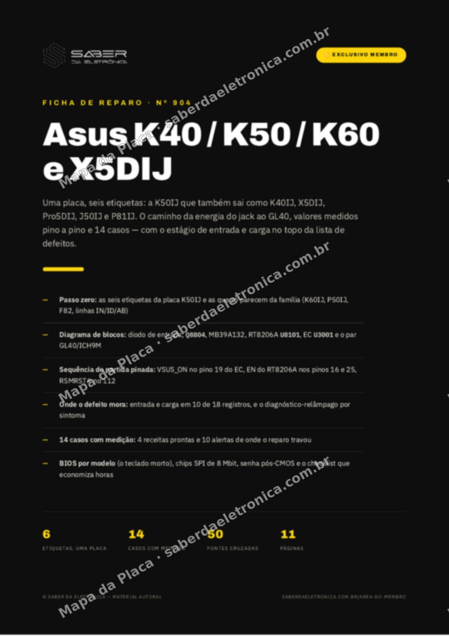 Capa da Ficha de Reparo Nº 904: Asus K40 / K50 / K60 e X5DIJ (placa K50IJ, 2009-11) — Ficha de Reparo da placa