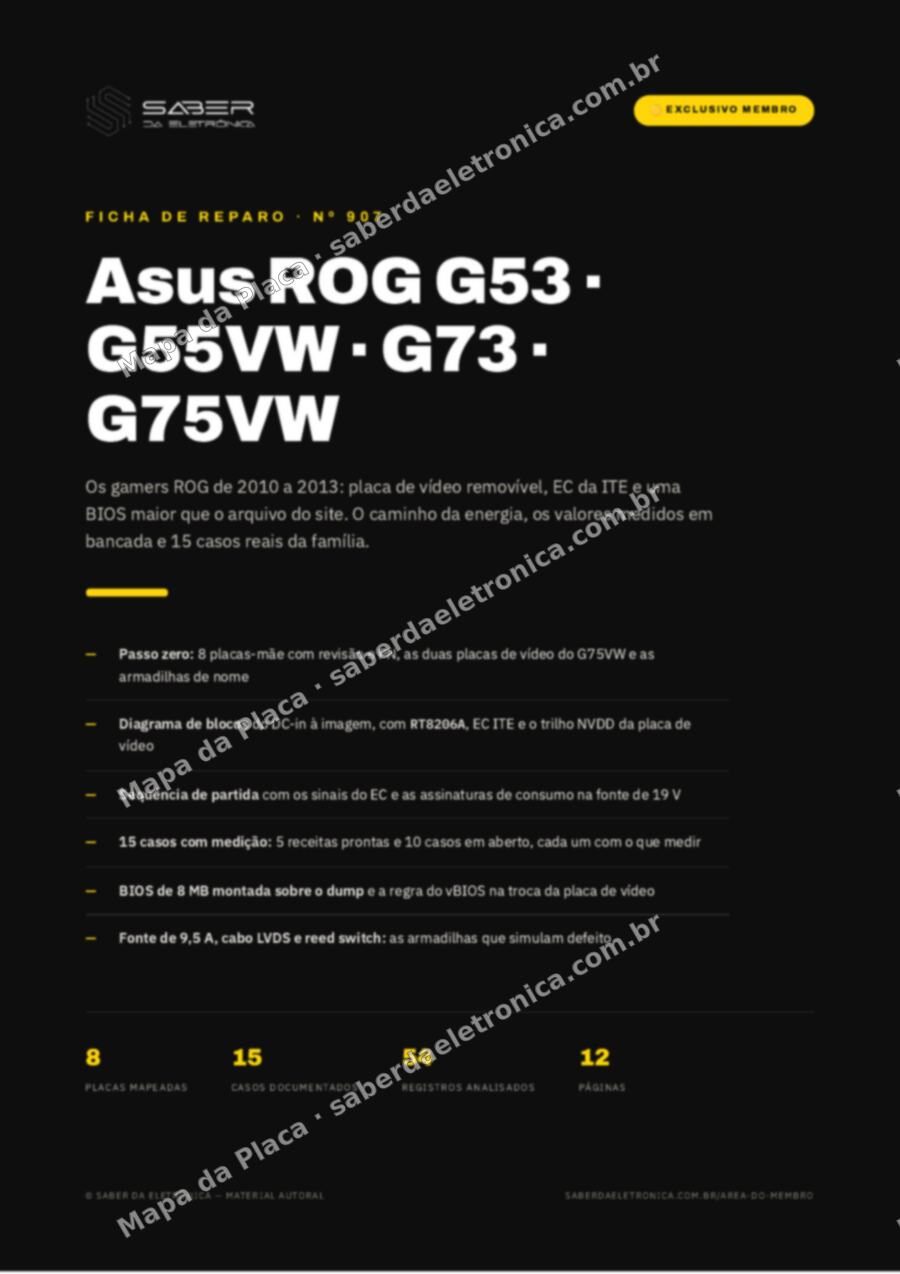 Capa da Ficha de Reparo Nº 907: Asus ROG G53 / G55VW / G73 / G75VW (gamer clássico, 2010-13) — Ficha de Reparo da placa