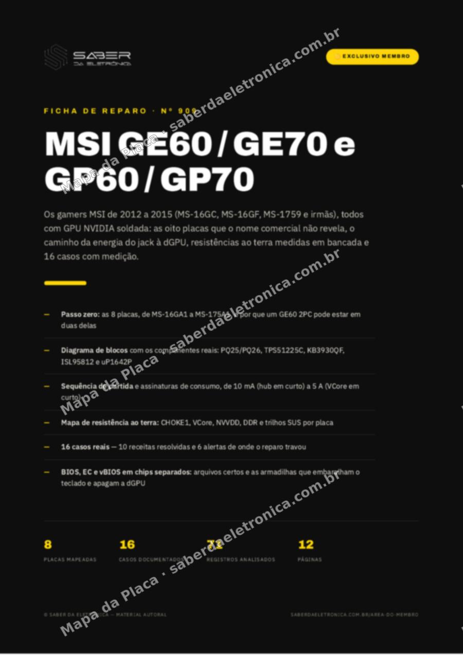 Capa da Ficha de Reparo Nº 909: MSI GE60 / GE70 e GP60 / GP70 (MS-16GC / MS-1759, 2012-15) — Ficha de Reparo da placa