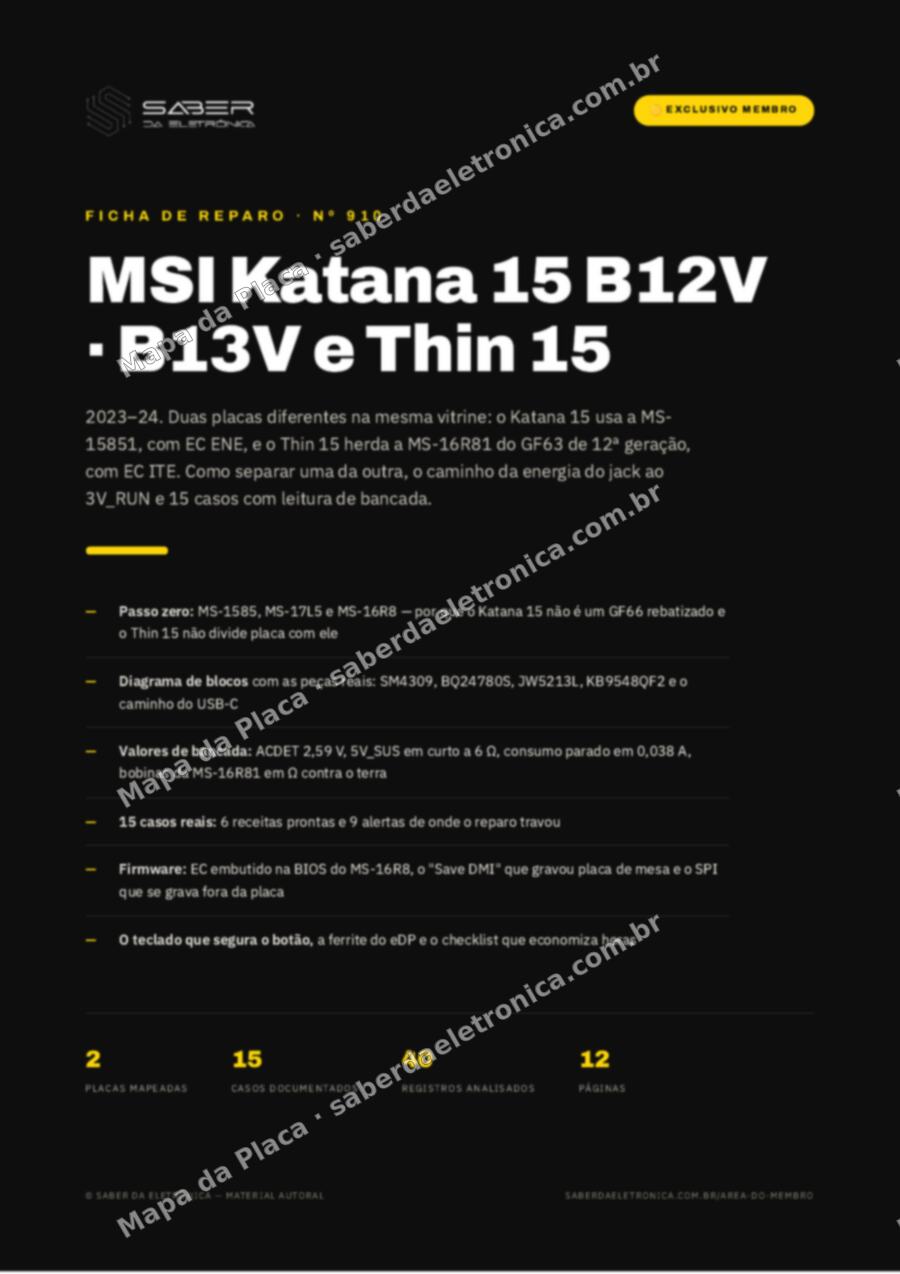Capa da Ficha de Reparo Nº 910: MSI Katana 15 B12V / B13V e MSI Thin 15 B12V (2023-24) — Ficha de Reparo da placa