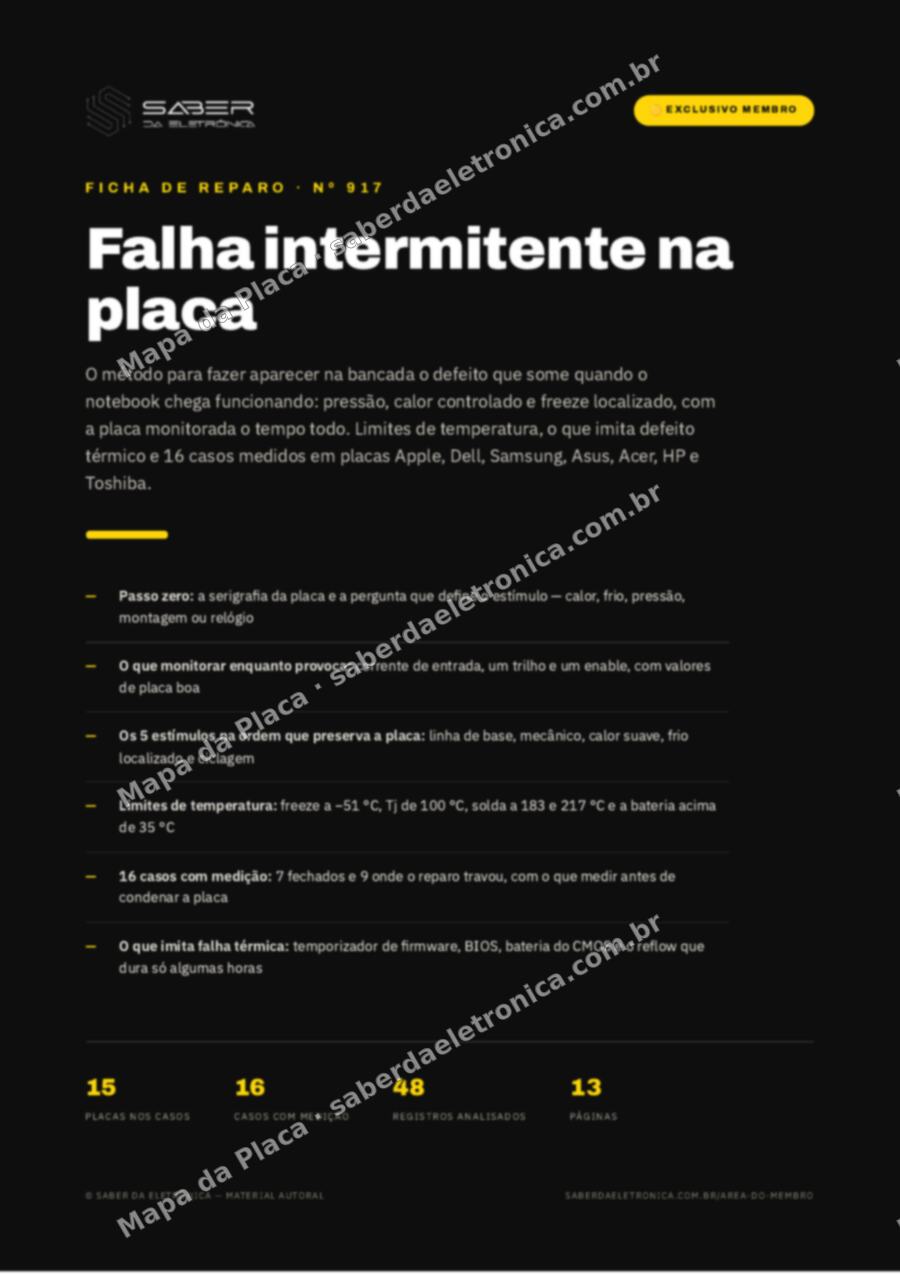 Capa da Ficha de Reparo Nº 917: Falha intermitente na placa — freeze spray, soprador e o método de provocar o defeito (método) — Ficha de Reparo da placa
