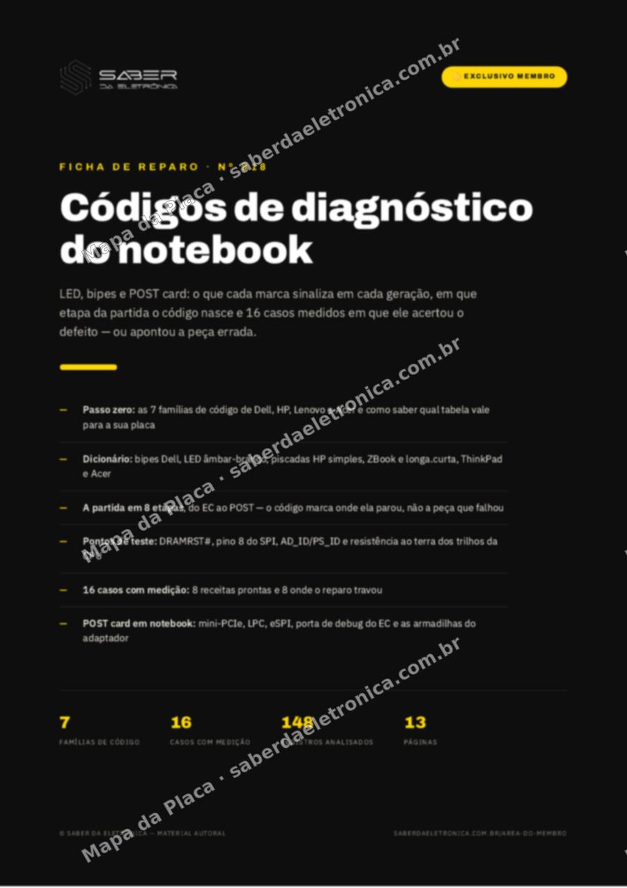Capa da Ficha de Reparo Nº 918: Códigos de diagnóstico do notebook — LED, bipes, POST card e o que cada marca sinaliza (método) — Ficha de Reparo da placa