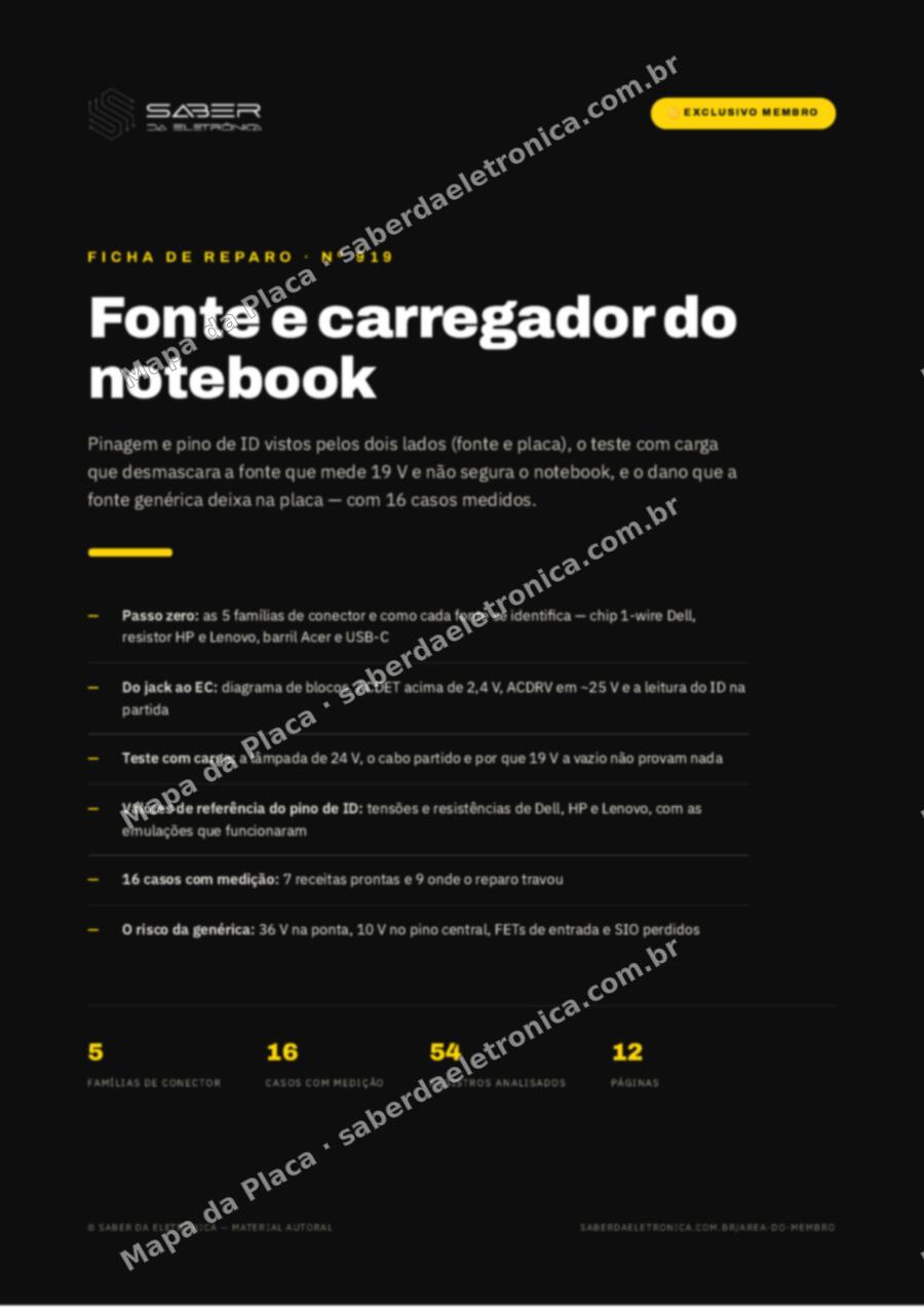 Capa da Ficha de Reparo Nº 919: Fonte e carregador do notebook — pinagem, teste na bancada e o risco da genérica (método) — Ficha de Reparo da placa
