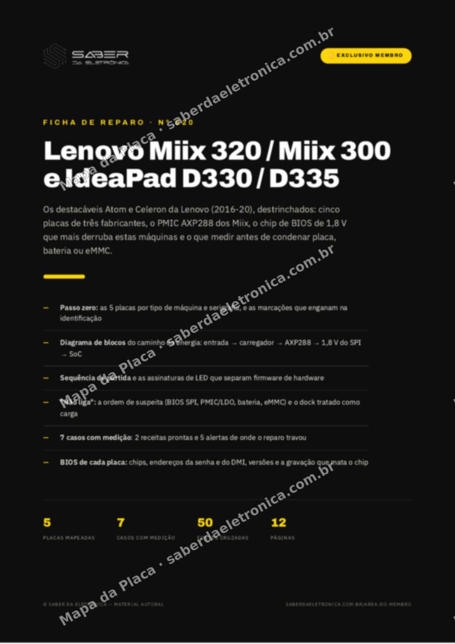 Capa da Ficha de Reparo Nº 920: Lenovo Miix 320 / Miix 300 e IdeaPad D330 / D335 (destacáveis Atom e Celeron, 2016-20) — Ficha de Reparo da placa