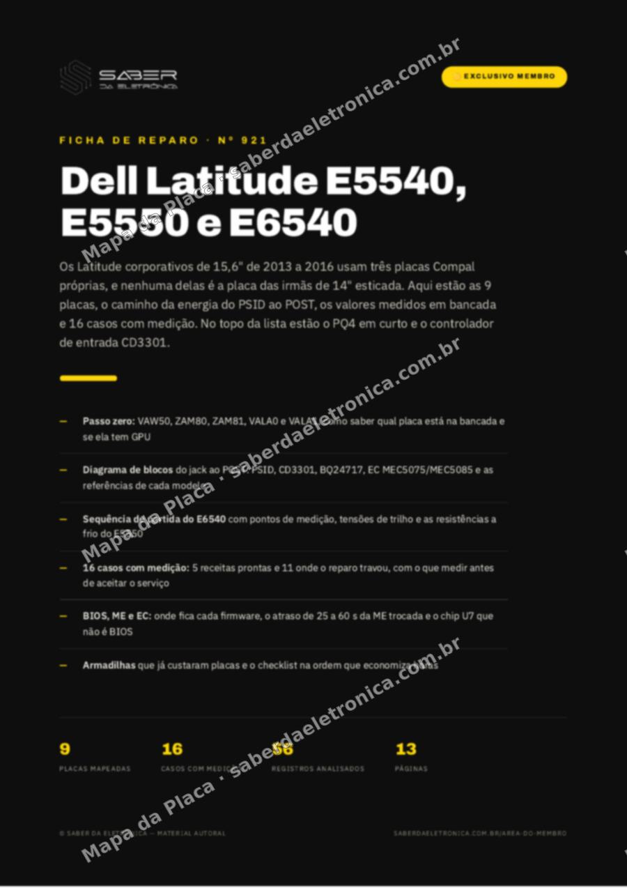 Capa da Ficha de Reparo Nº 921: Dell Latitude E5540 / E5550 e Latitude E6540 (15,6 polegadas corporativo, 2013-16) — Ficha de Reparo da placa