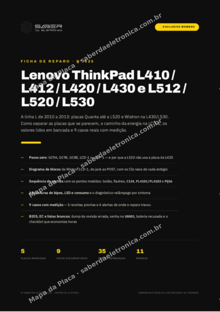 Capa da Ficha de Reparo Nº 925: Lenovo ThinkPad L410 / L412 / L420 / L430 e L512 / L520 / L530 (2010-13) — Ficha de Reparo da placa