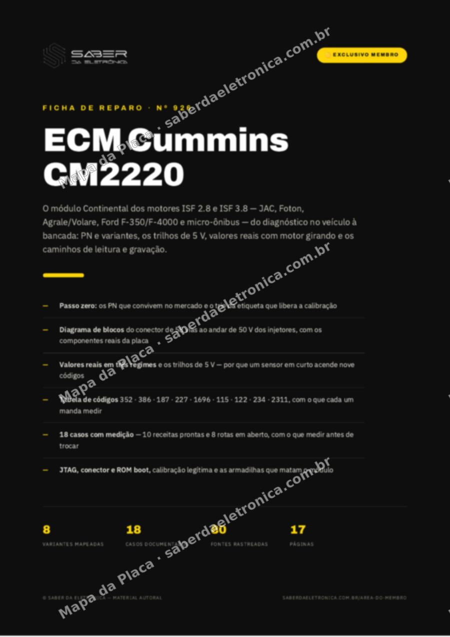 Capa da Ficha de Reparo Nº 926: ECM Cummins CM2220 (ISF 2.8 / 3.8) — diagnóstico no veículo, bancada e gravação — Ficha de Reparo da placa