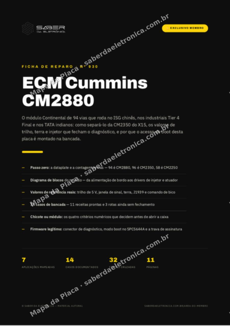 Capa da Ficha de Reparo Nº 930: ECM Cummins CM2880 (Continental SPC5644A) — ISG, industriais Tier 4 Final e a separação da CM2350 do X15 — Ficha de Reparo da placa