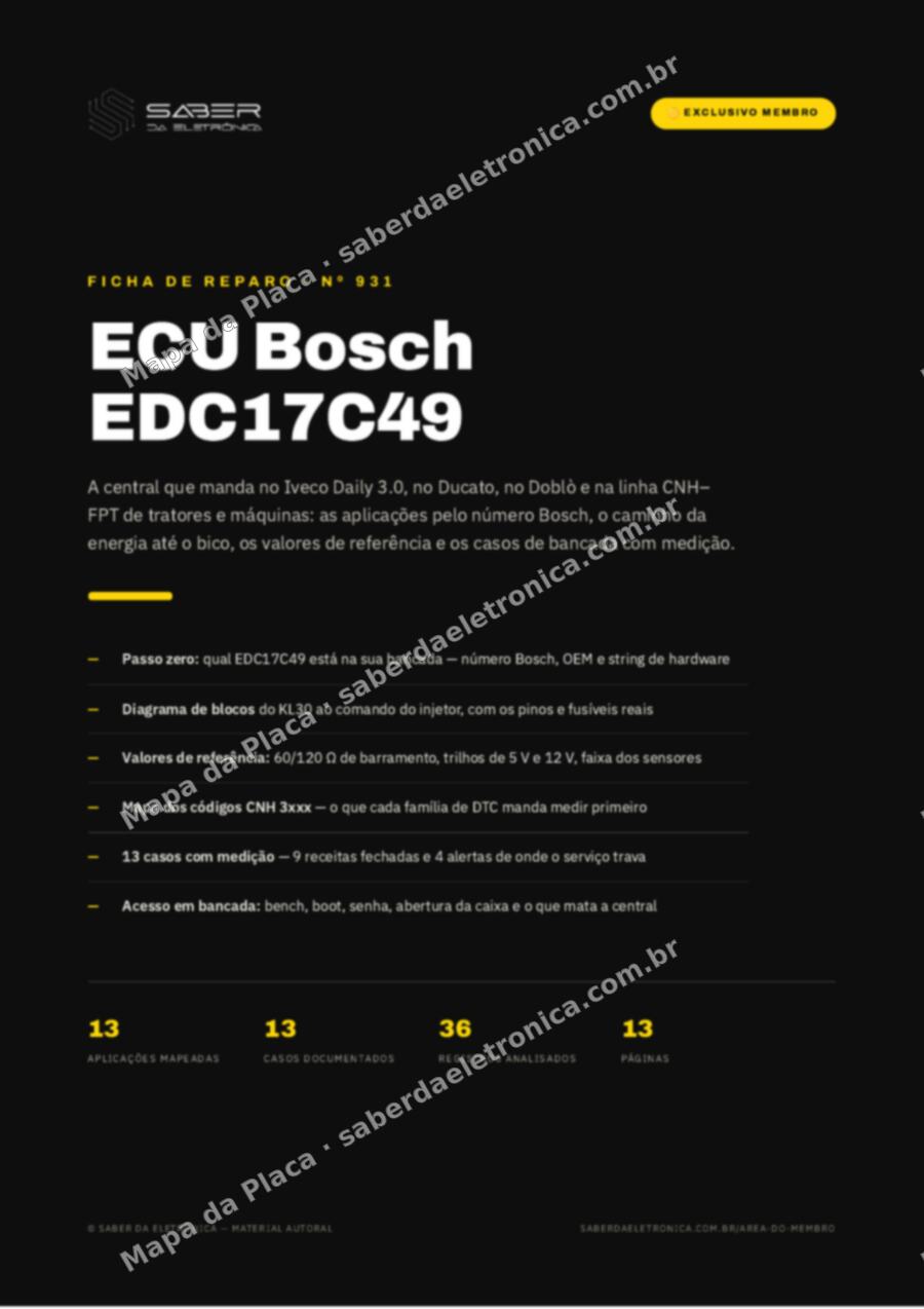 Capa da Ficha de Reparo Nº 931: ECU Bosch EDC17C49 — Iveco Daily 3.0, Fiat Ducato e Doblò e a linha CNH-FPT de tratores e máquinas — Ficha de Reparo da placa