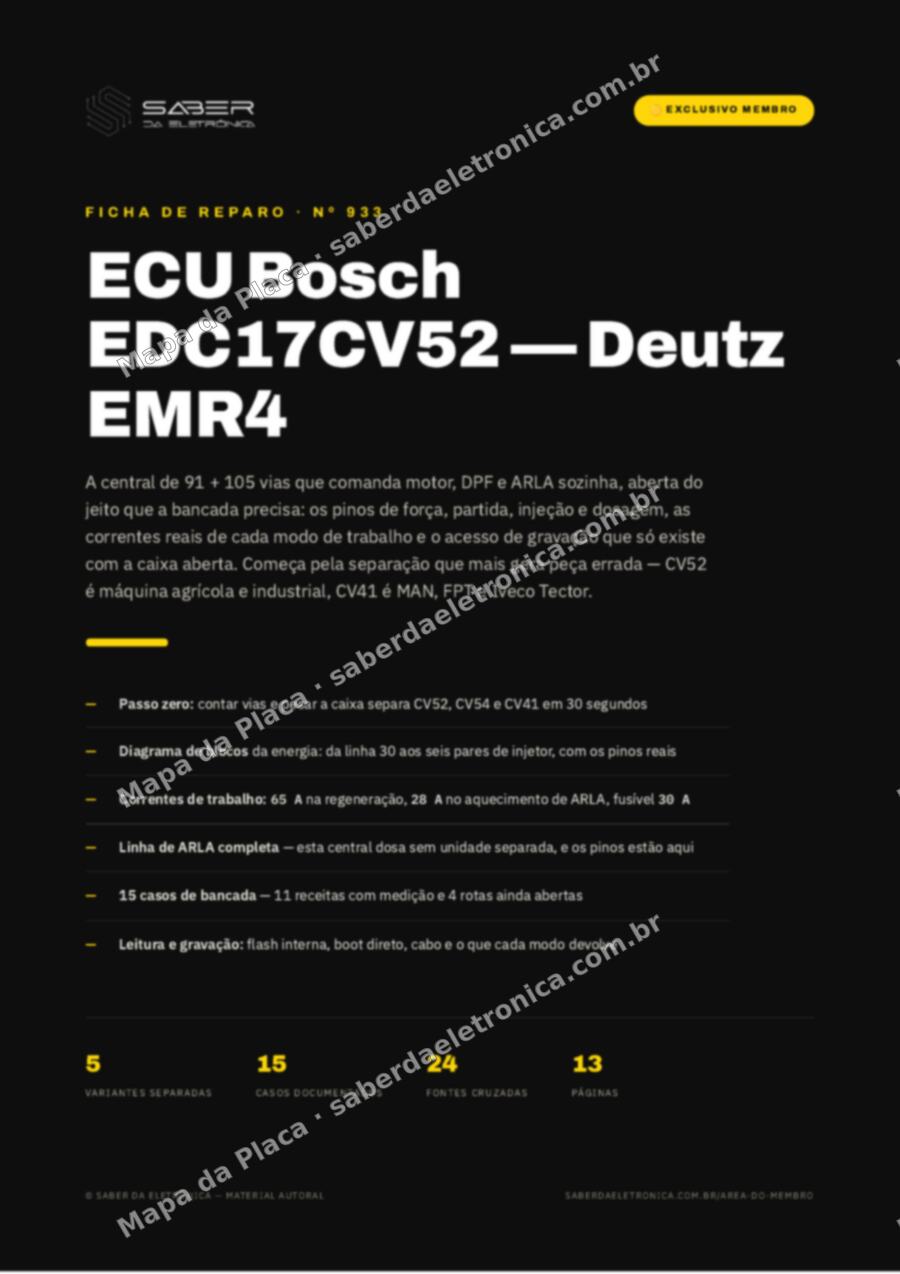 Capa da Ficha de Reparo Nº 933: ECU Bosch EDC17CV52 (Deutz EMR4) e a separação da EDC17CV41 de MAN, FPT e Iveco Tector — Ficha de Reparo da placa