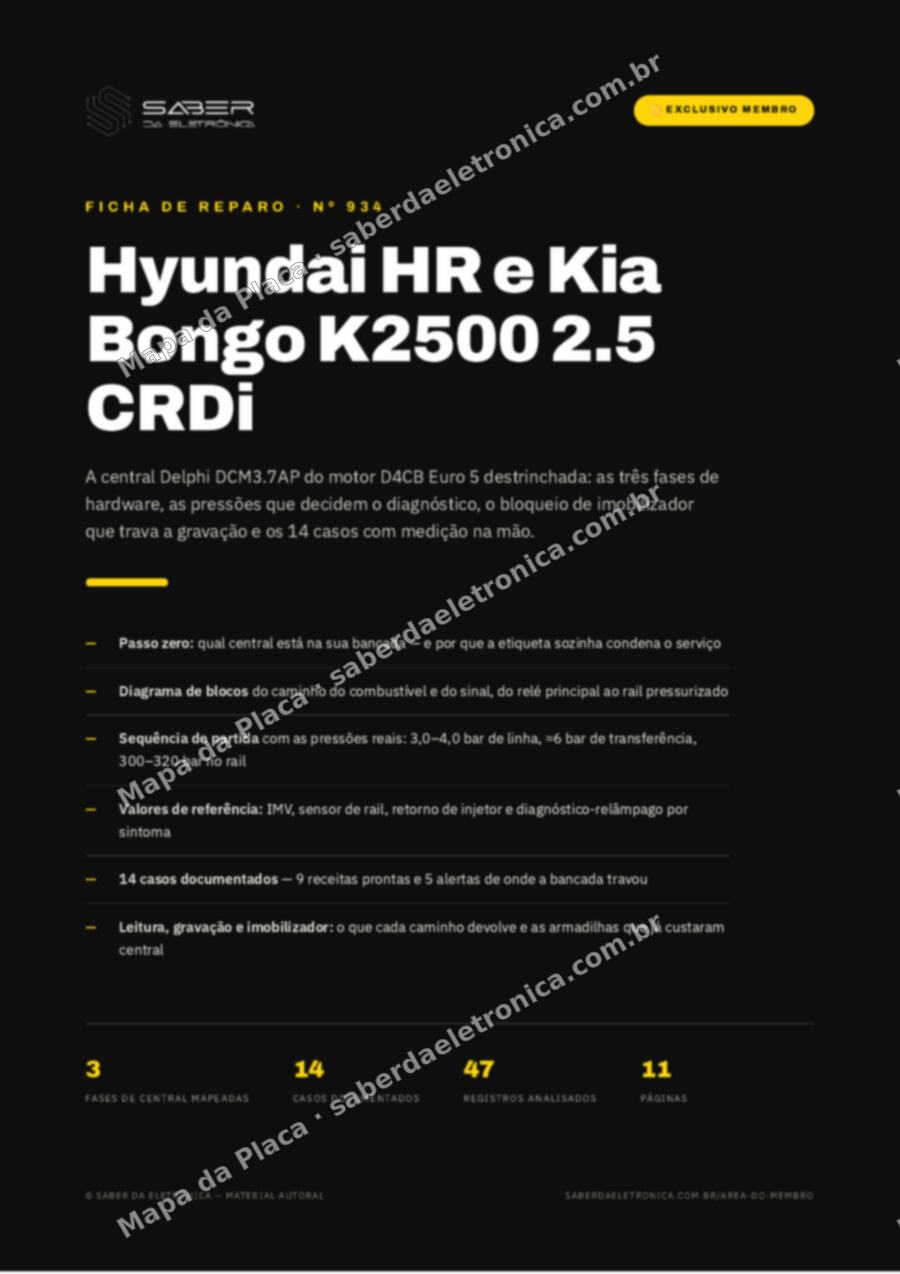 Capa da Ficha de Reparo Nº 934: Central Delphi DCM3.7AP — Hyundai HR e Kia Bongo K2500 2.5 CRDi (D4CB) — Ficha de Reparo da placa