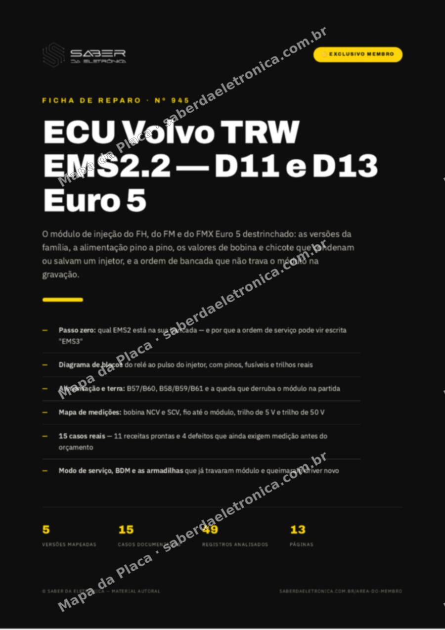 Capa da Ficha de Reparo Nº 945: ECU Volvo TRW EMS2.2 — D11 e D13 Euro 5 em FH, FM e FMX — Ficha de Reparo da placa