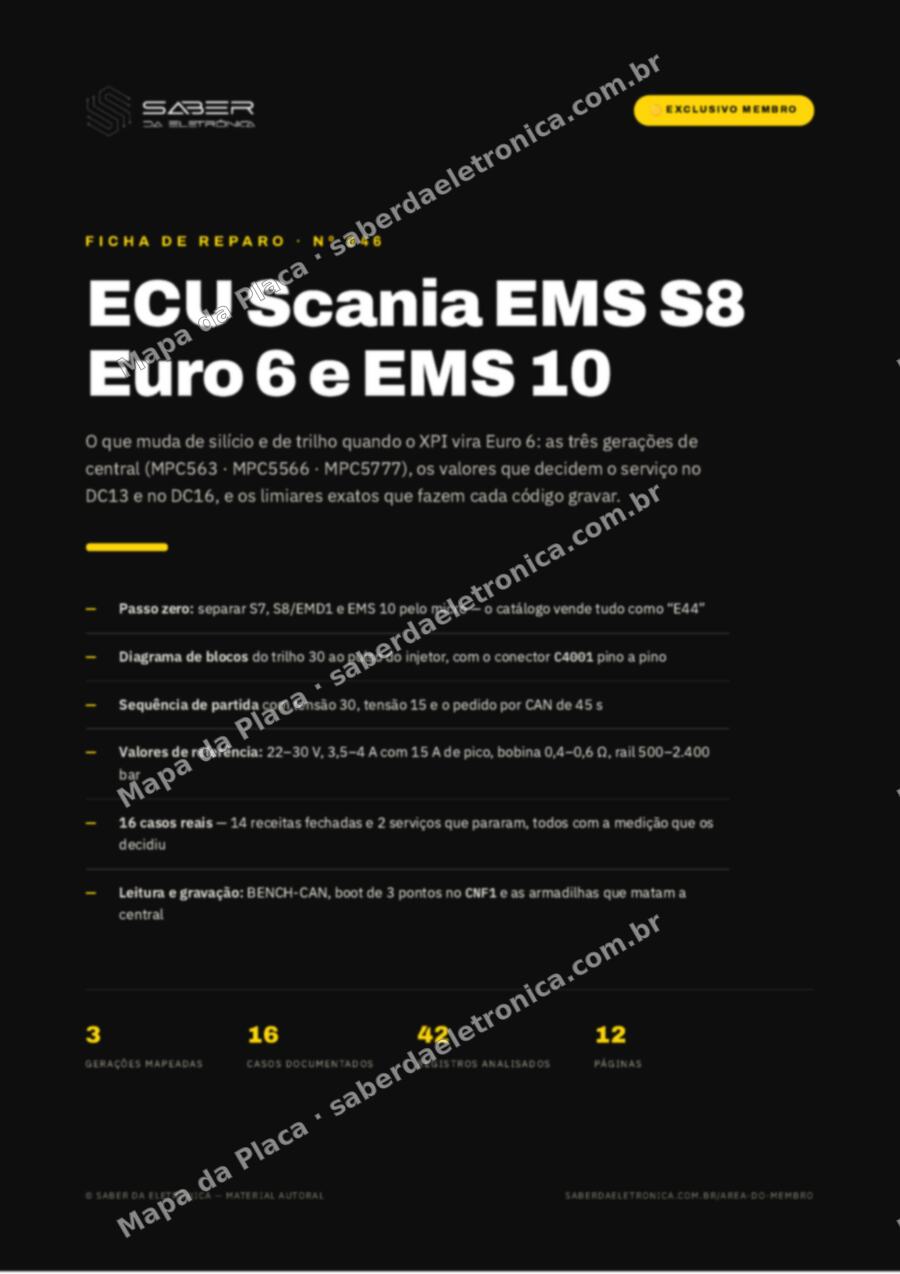 Capa da Ficha de Reparo Nº 946: ECU Scania EMS S8 Euro 6 e EMS 10 — motores XPI DC13 e DC16 — Ficha de Reparo da placa