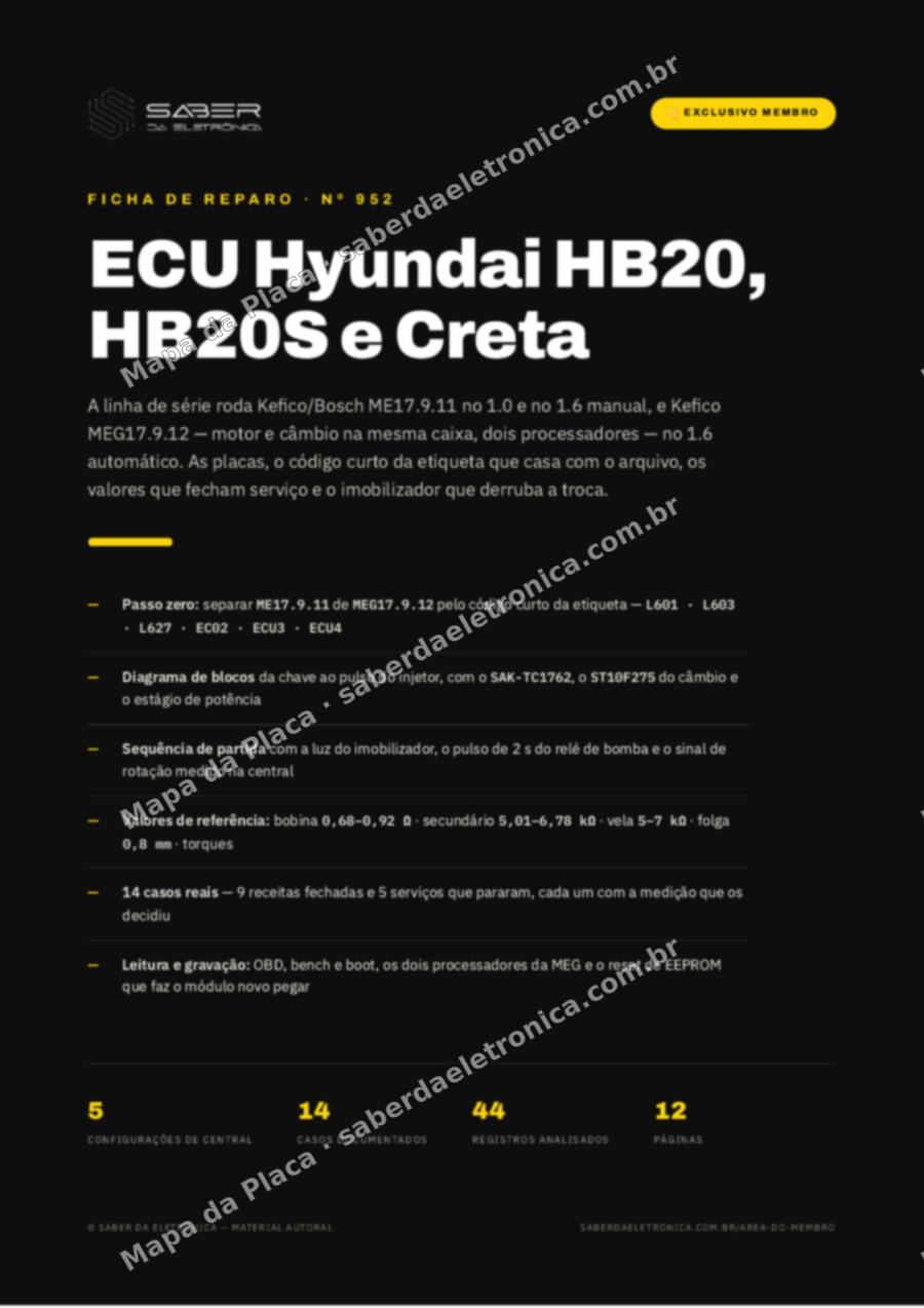 Capa da Ficha de Reparo Nº 952: ECU Hyundai HB20, HB20S e Creta — Bosch/Kefico ME17.9.11 e MEG17.9.12 — Ficha de Reparo da placa