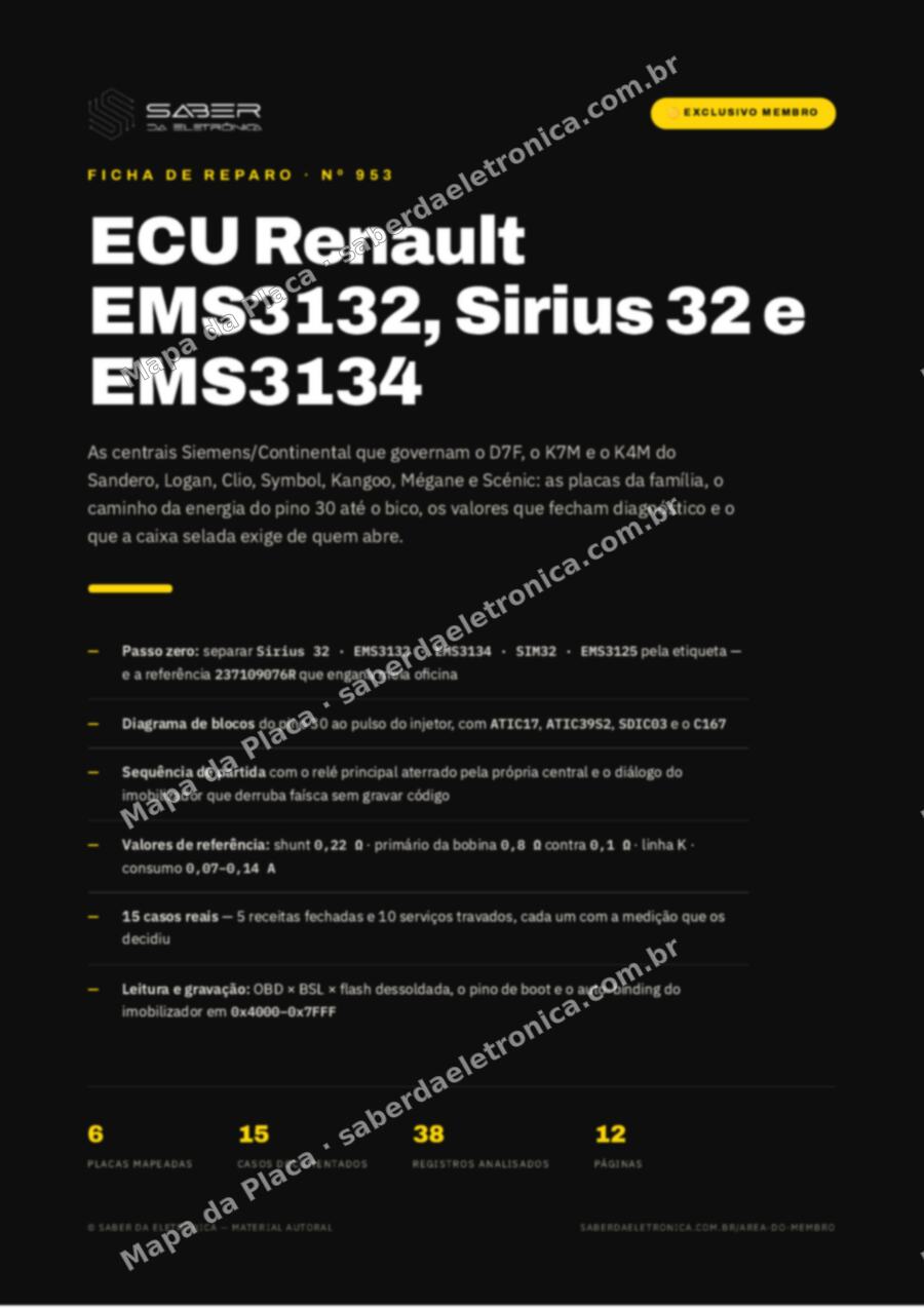 Capa da Ficha de Reparo Nº 953: ECU Renault EMS3132, Sirius 32 e EMS3134 — Logan, Sandero, Clio e Symbol — Ficha de Reparo da placa
