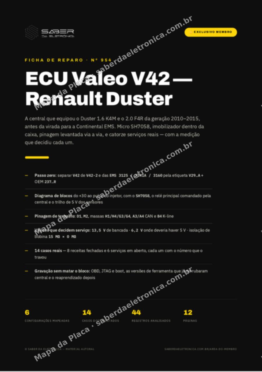 Capa da Ficha de Reparo Nº 954: ECU Valeo V42 — Renault Duster 1.6 e 2.0 — Ficha de Reparo da placa