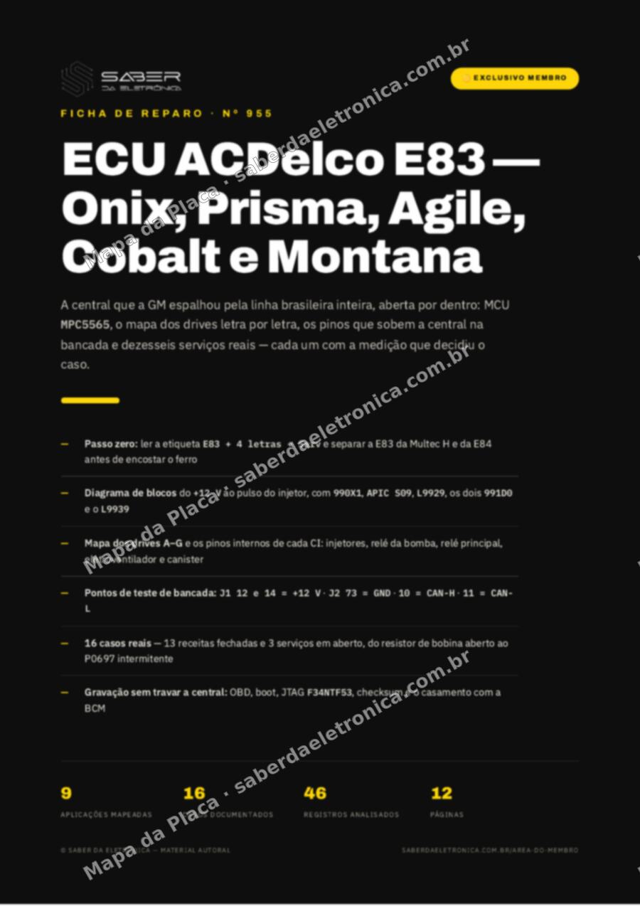 Capa da Ficha de Reparo Nº 955: ECU ACDelco E83 — Chevrolet Onix, Prisma, Agile, Cobalt, Spin, Cruze, S10 e Montana — Ficha de Reparo da placa
