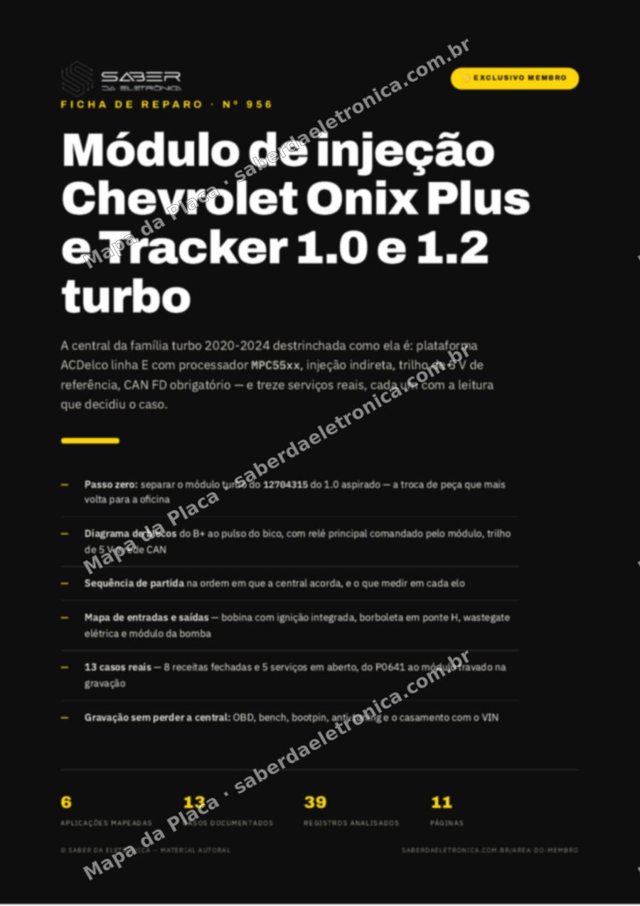Capa da Ficha de Reparo Nº 956: Módulo de injeção Chevrolet Onix Plus e Tracker 1.0 e 1.2 turbo — Ficha de Reparo da placa