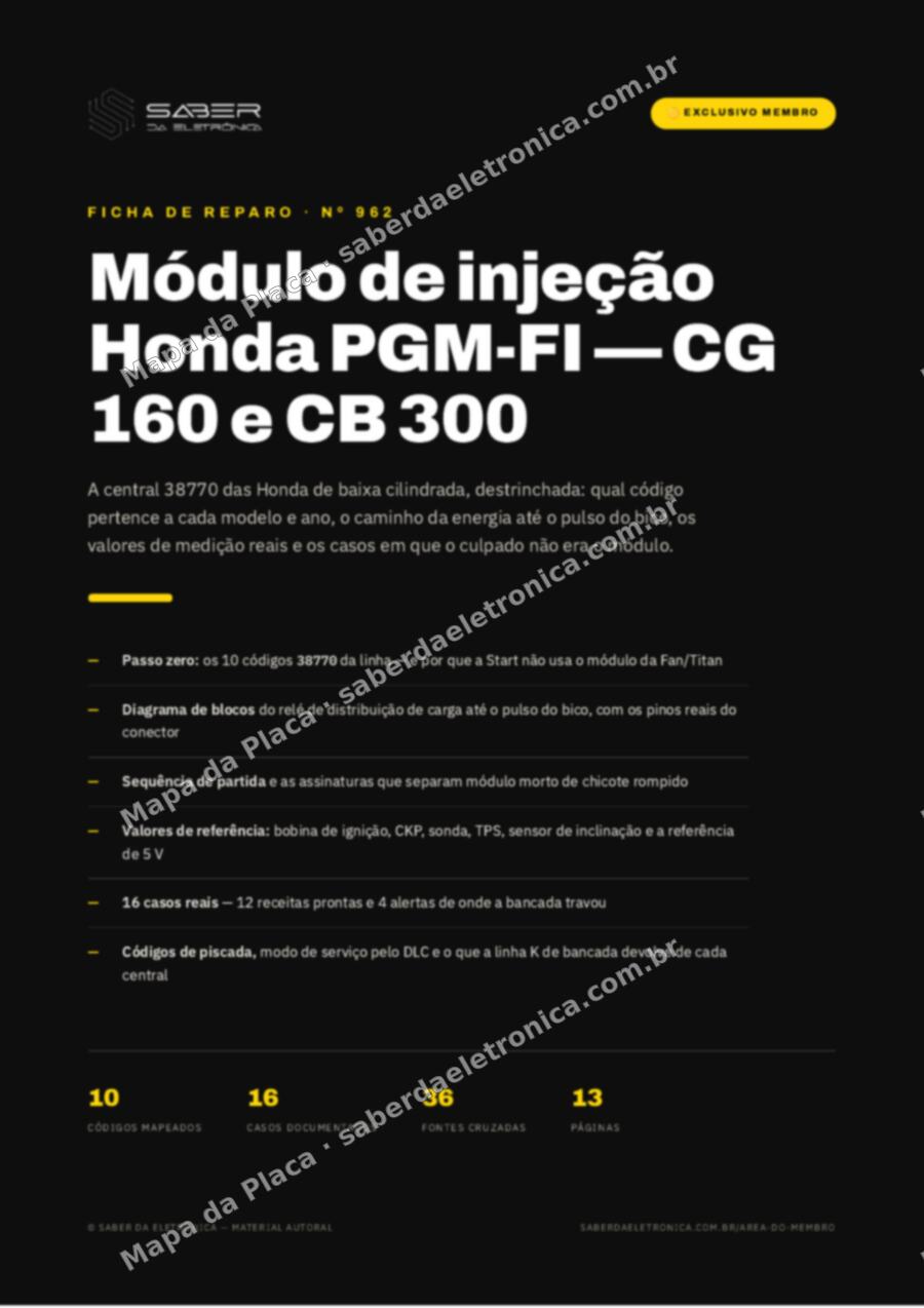 Capa da Ficha de Reparo Nº 962: Módulo de injeção de motocicleta Honda PGM-FI — CG 160 Titan/Fan/Start e CB 300 — Ficha de Reparo da placa