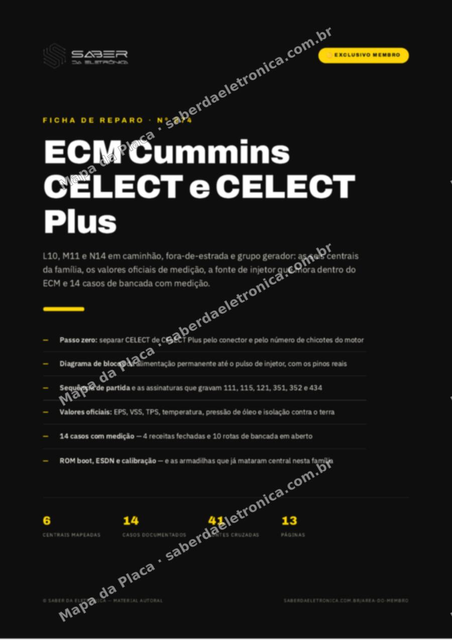 Capa da Ficha de Reparo Nº 974: ECM Cummins CELECT e CELECT Plus — L10, M11 e N14 em caminhão, fora-de-estrada e gerador — Ficha de Reparo da placa
