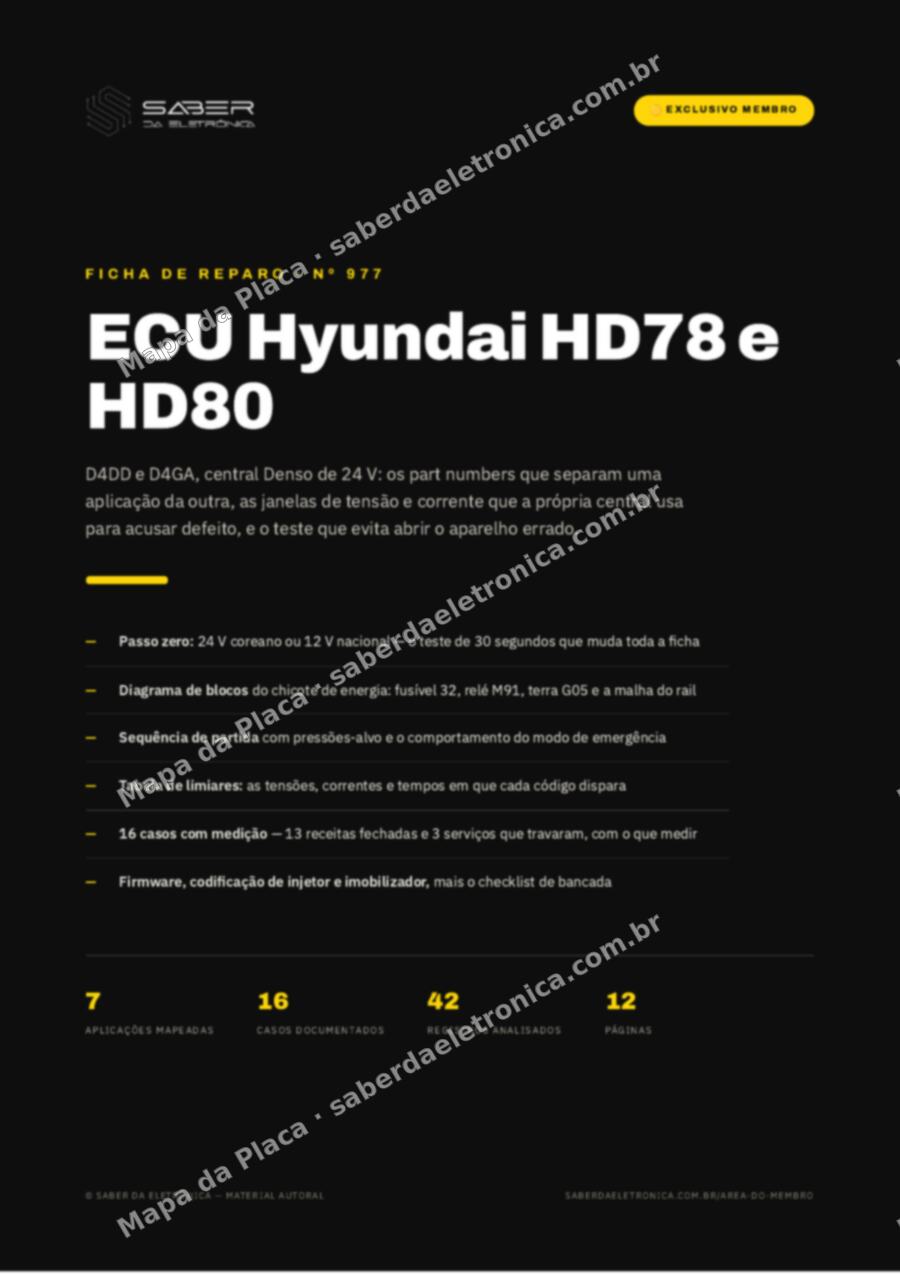 Capa da Ficha de Reparo Nº 977: ECU Denso 24 V — Hyundai HD78 e HD80 (D4DD e D4GA) — Ficha de Reparo da placa