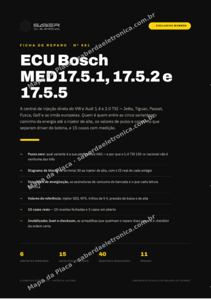 Capa da Ficha de Reparo Nº 981: ECU Bosch MED17.5.1, 17.5.2 e 17.5.5 — VW e Audi 1.4 e 2.0 TSI (Jetta, Tiguan, Passat) — Ficha de Reparo da placa