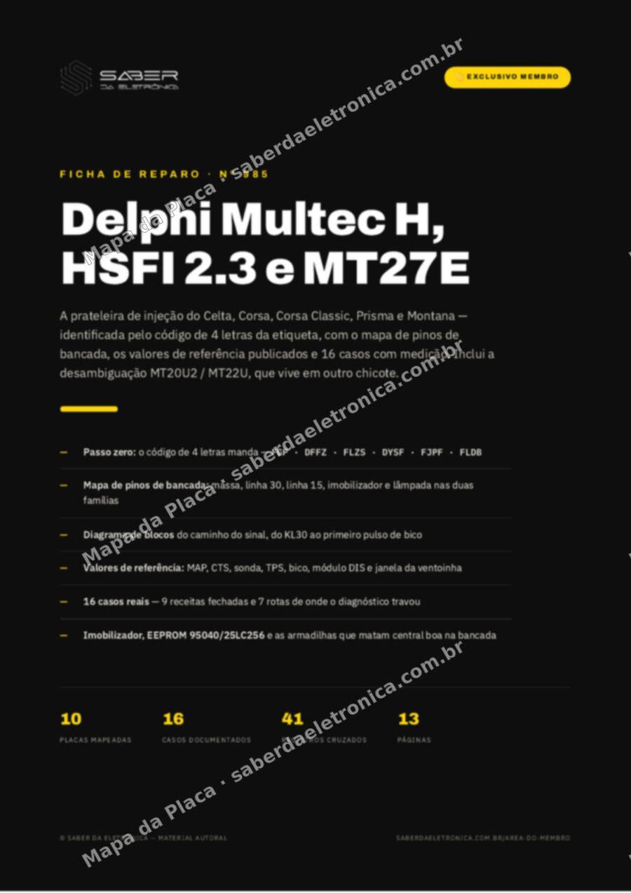 Capa da Ficha de Reparo Nº 985: ECU Delphi Multec H, HSFI 2.3 e MT27E — Chevrolet Celta, Corsa, Corsa Classic, Prisma e Montana (e a desambiguação MT20U2 / MT22U) — Ficha de Reparo da placa