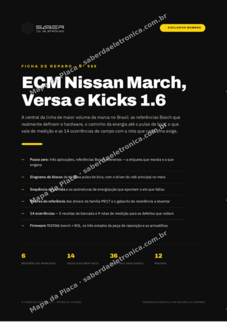 Capa da Ficha de Reparo Nº 986: ECM Nissan March, Versa e Kicks 1.6 — a central da linha de maior volume da marca — Ficha de Reparo da placa