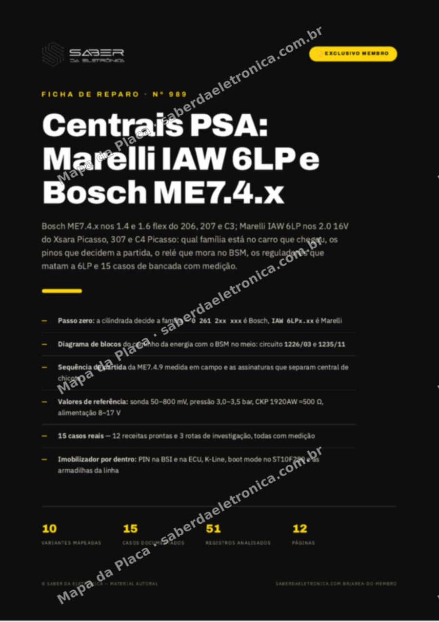 Capa da Ficha de Reparo Nº 989: ECU Bosch ME7.4.x e Magneti Marelli IAW 6LP — Peugeot 206, 207 e 307, Citroën C3, Xsara Picasso e C4 Picasso — Ficha de Reparo da placa