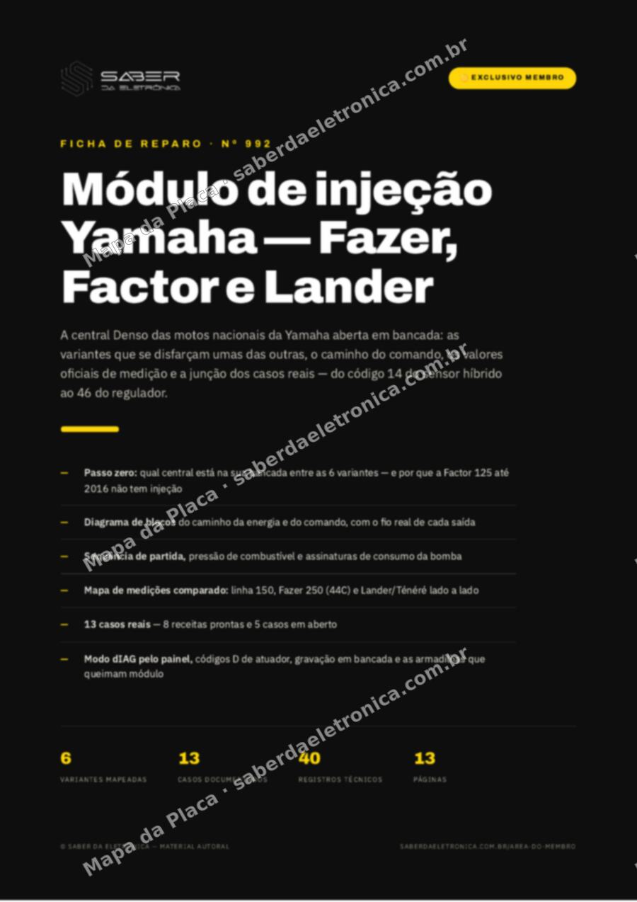 Capa da Ficha de Reparo Nº 992: Módulo de injeção de motocicleta Yamaha — Fazer, Factor e Lander — Ficha de Reparo da placa