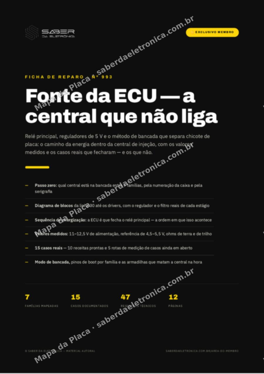 Capa da Ficha de Reparo Nº 993: Fonte da ECU — relé principal, reguladores e a central que não liga — Ficha de Reparo da placa