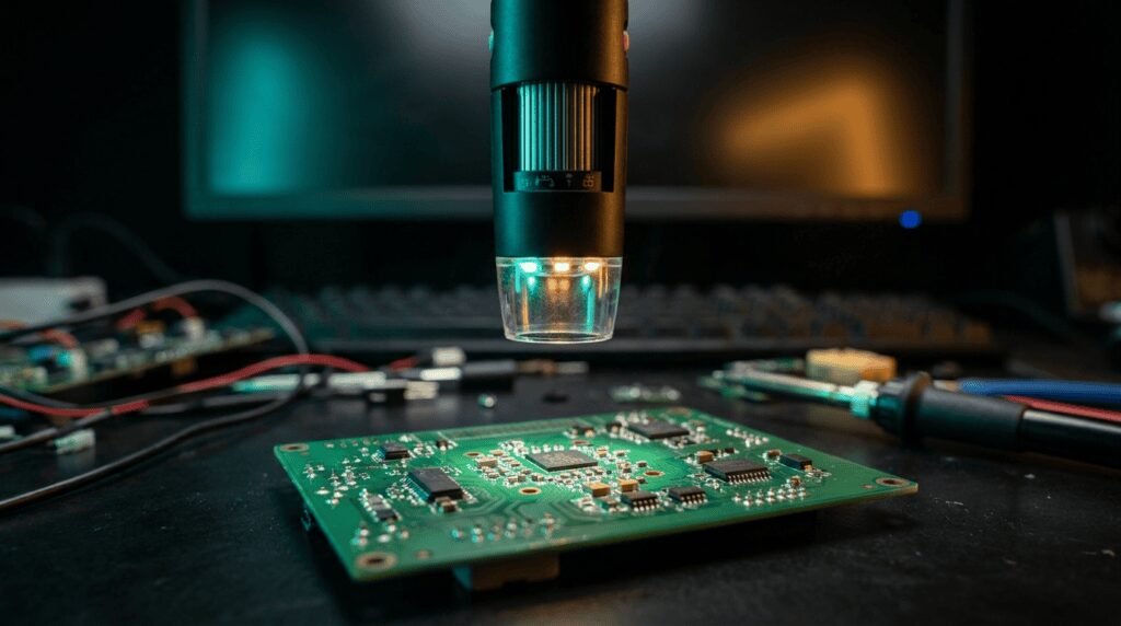 Microscópio USB digital inspecionando componentes SMD em placa de circuito