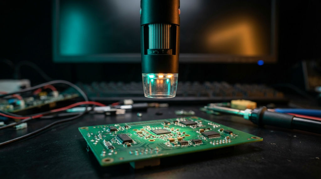 Microscópio USB digital inspecionando componentes SMD em placa de circuito